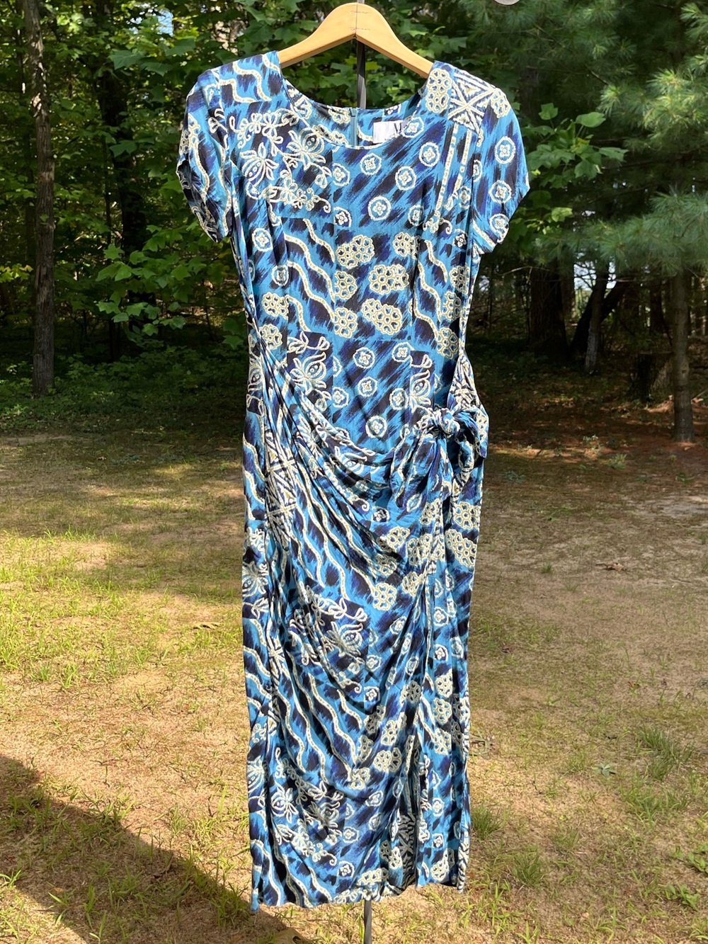 90s Maggie Lawrence Rayon Tropical Printed Faux Wrap Wiggle Dress Size S Retro